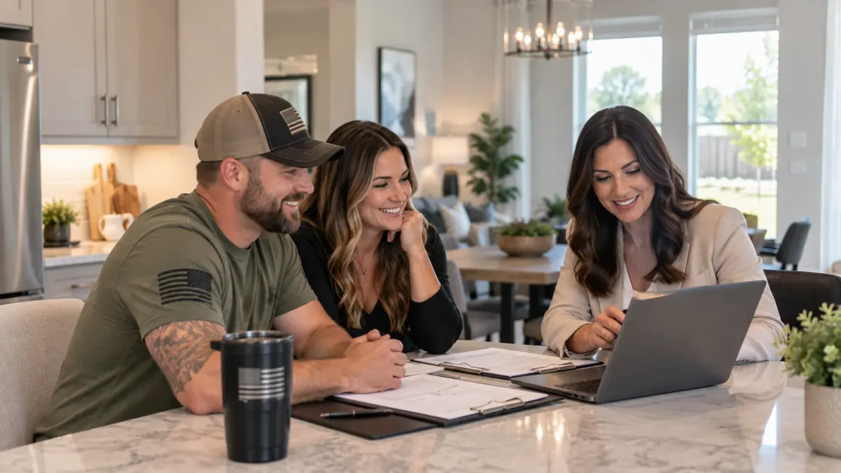 Army veteran and Houston realtor reviewing VA loan paperwork with a client