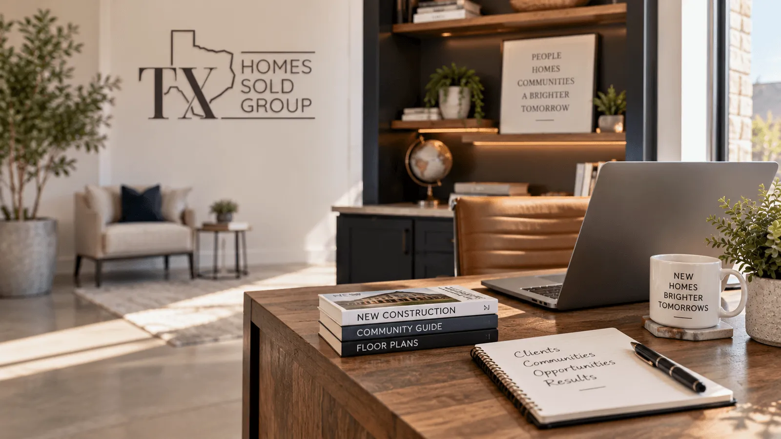 Texas Homes Sold Group office desk with new construction community guides and floor plans
