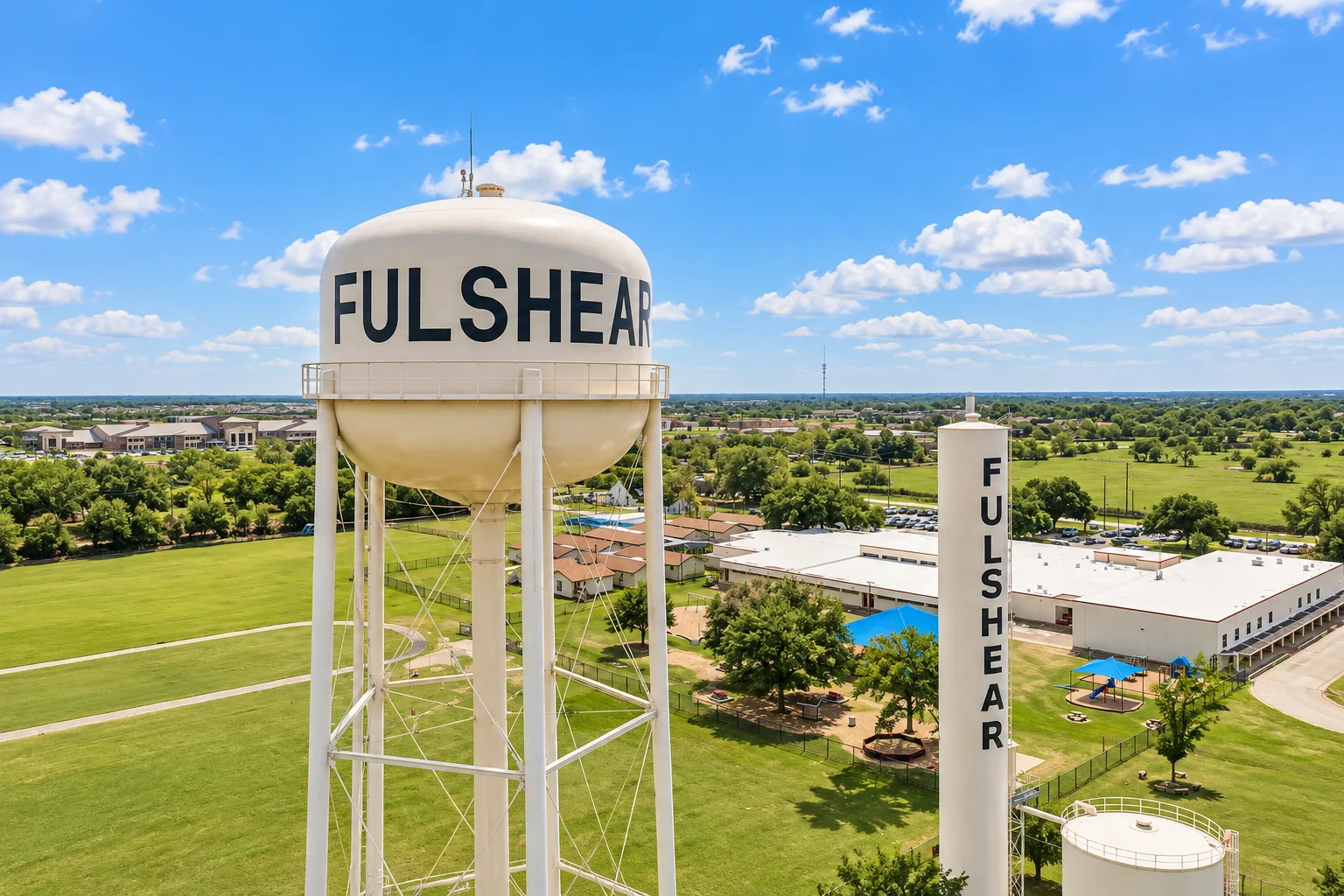 Fulshear, Texas water towers overlooking the community park and splash pad