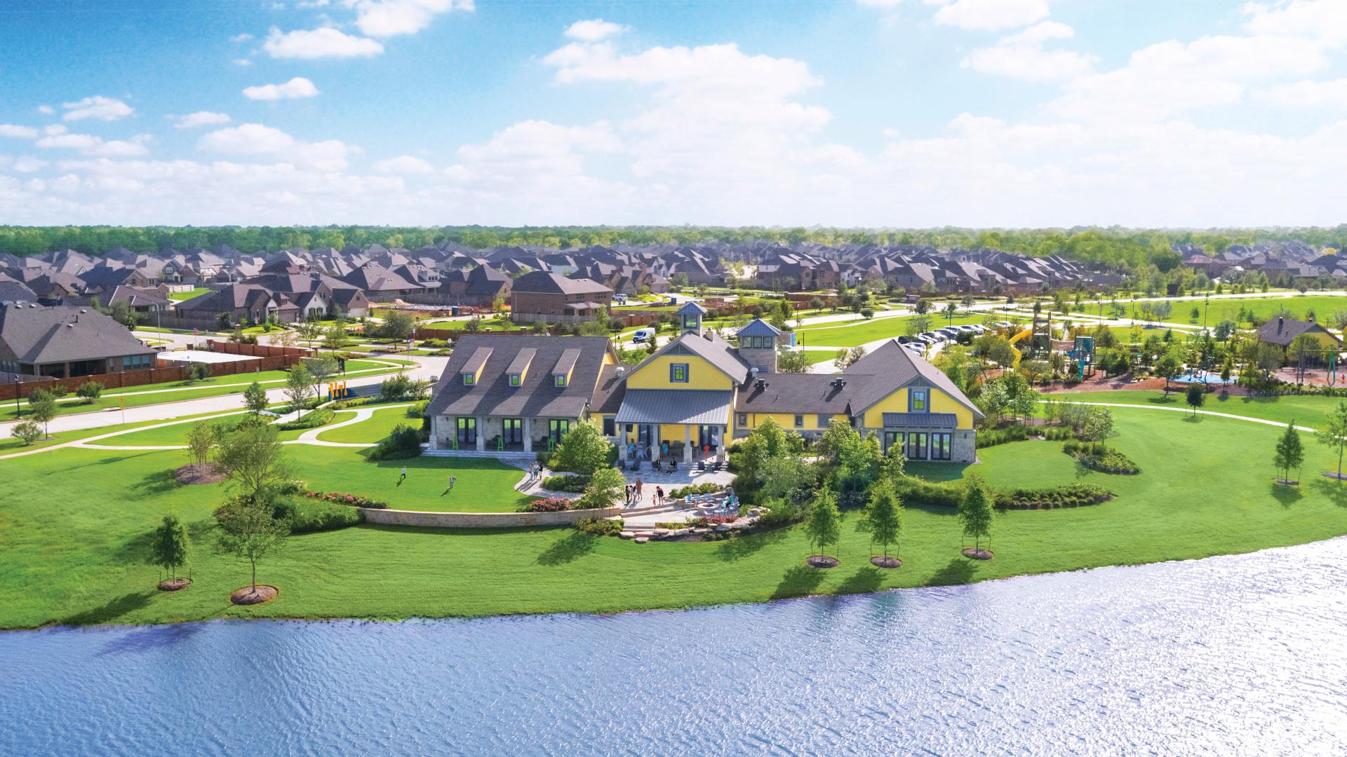 Aerial view of the Sienna master-planned community and lake in Richmond, Fort Bend County, Texas