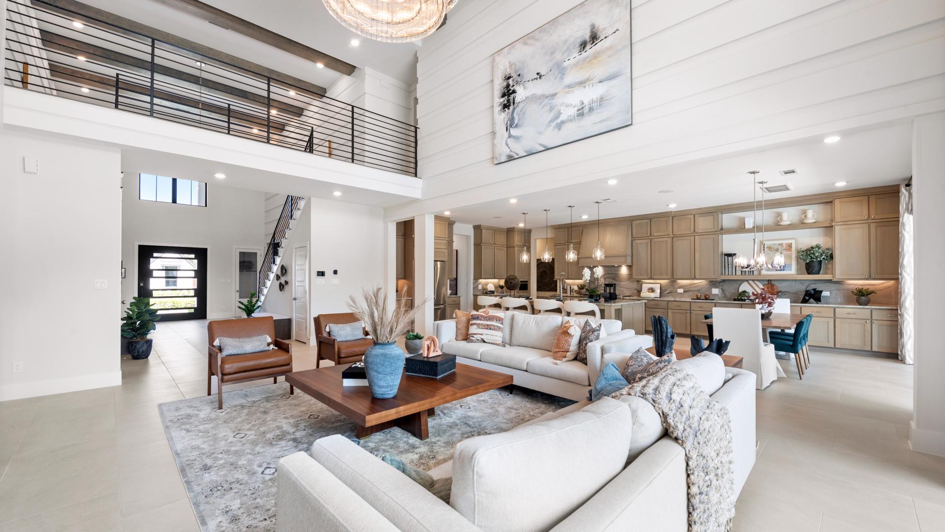 Open great room and kitchen of a new construction home for sale in Fort Bend County, Texas