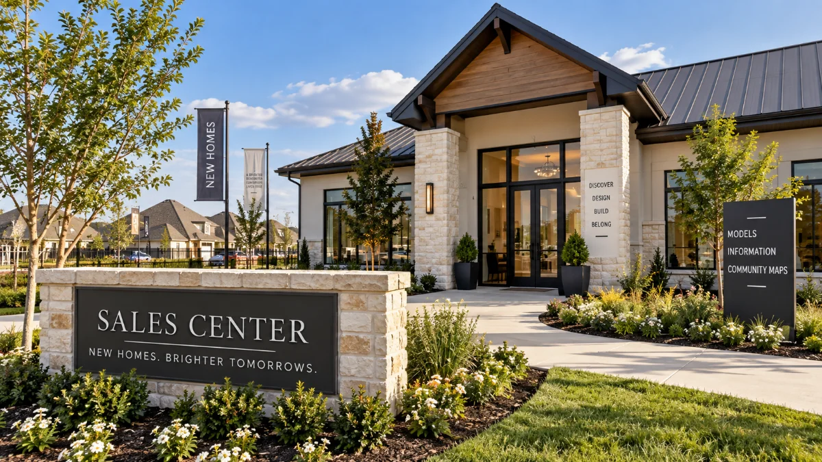 Model home exterior or sales office in a Fort Bend County community
